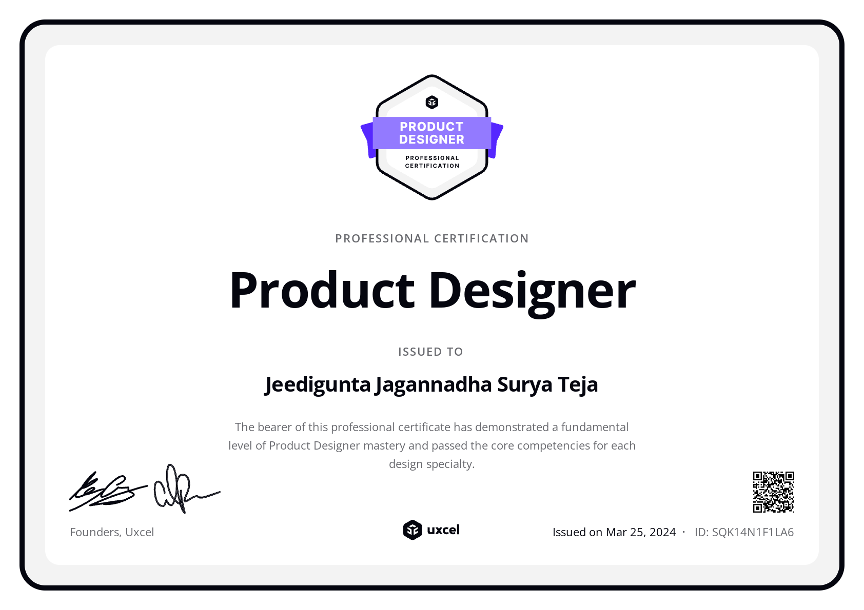 Jeedigunta Jagannadha Surya Teja's certificate